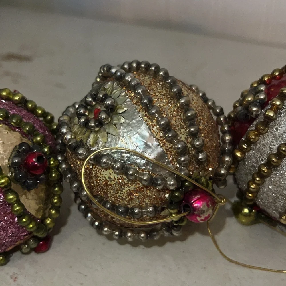Vintage Mercury glass Beaded Sequined Christmas Ornaments Set balls